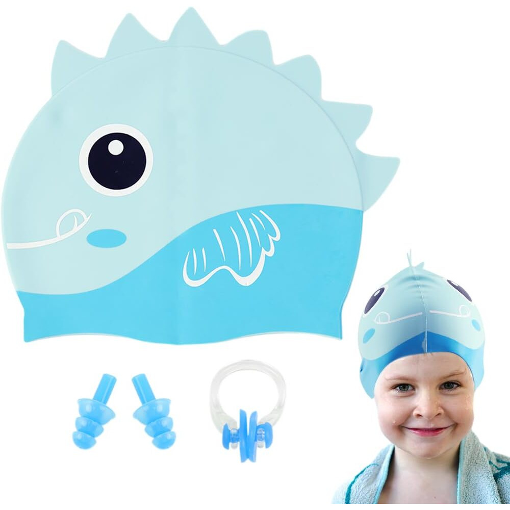 Proberos Kids Swimming Cap Slicone Swimming Cap with Nose Clip & Earplugs Blue Cartoon Dinosaur Swimming Cap for Boys Girls