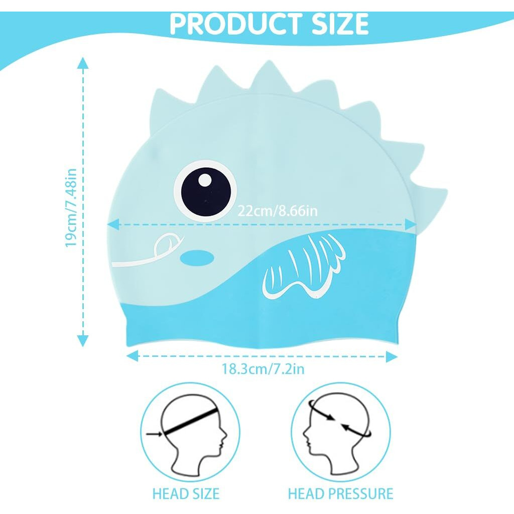 Proberos Kids Swimming Cap Slicone Swimming Cap with Nose Clip & Earplugs Blue Cartoon Dinosaur Swimming Cap for Boys Girls
