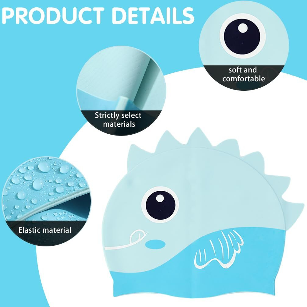 Proberos Kids Swimming Cap Slicone Swimming Cap with Nose Clip & Earplugs Blue Cartoon Dinosaur Swimming Cap for Boys Girls