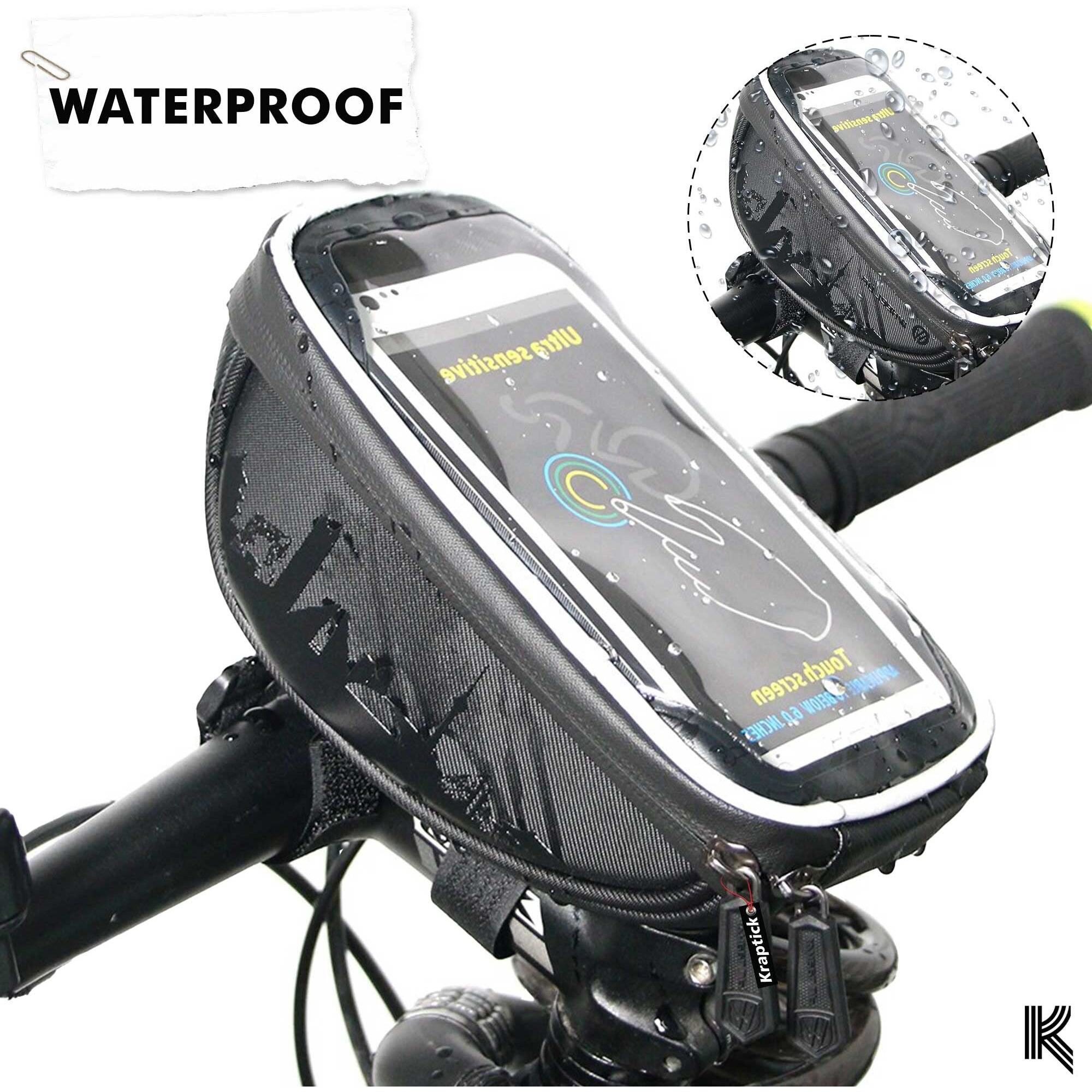 Kraptick Waterproof Handle Bar Bag, Premium Cycle Bag for Mobile Phones with Plenty of Storage for Bicycle Accessories- Locks, Tools with Mobile Pouch for Android/iPhones (Black)