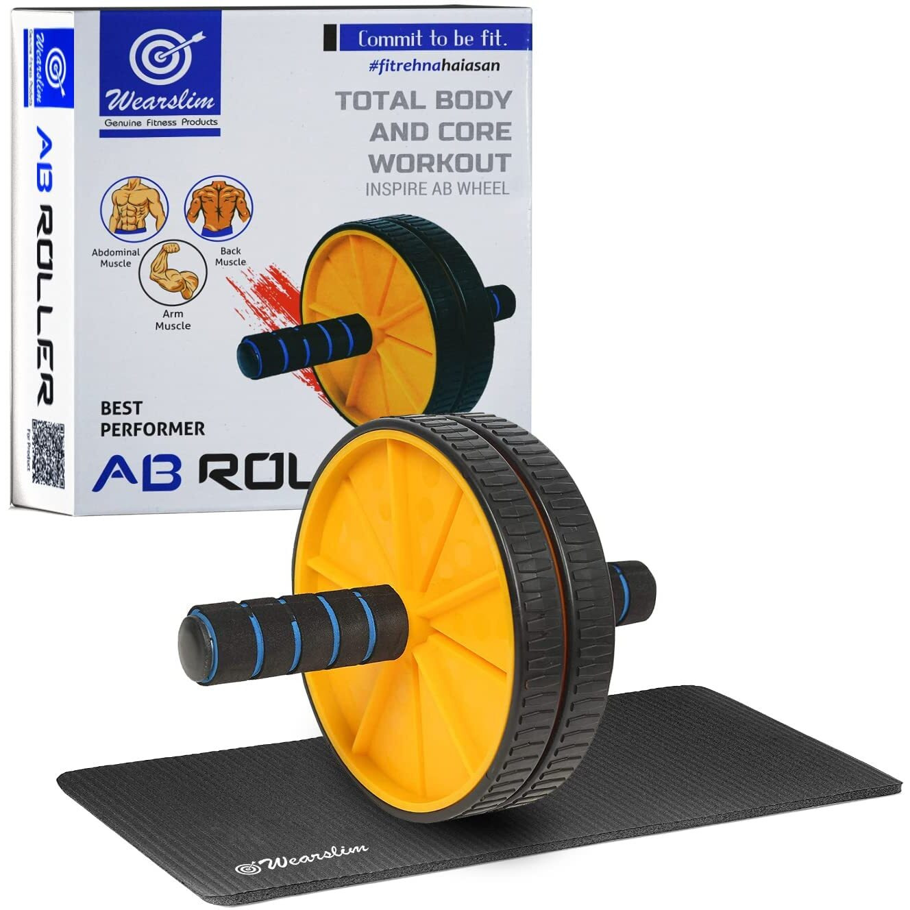 Wearslim Professional Non-Slip Handles Double Wheel Ab Roller with Knee Mat, Abdominal Workout Equipment for Men and Women Exercise - Yellow