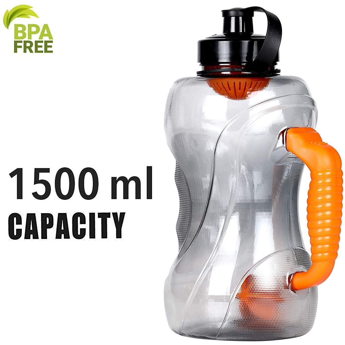 Doveaz Sports Water Bottles For Office Use/Protein Shaker Bottle/Gallon Water Bottle (1.5 Ltr) With Mixer Ball And Strainer (Bpa-Free, Unbreakable, Freezer Safe) (Stealth Orange) - Plastic