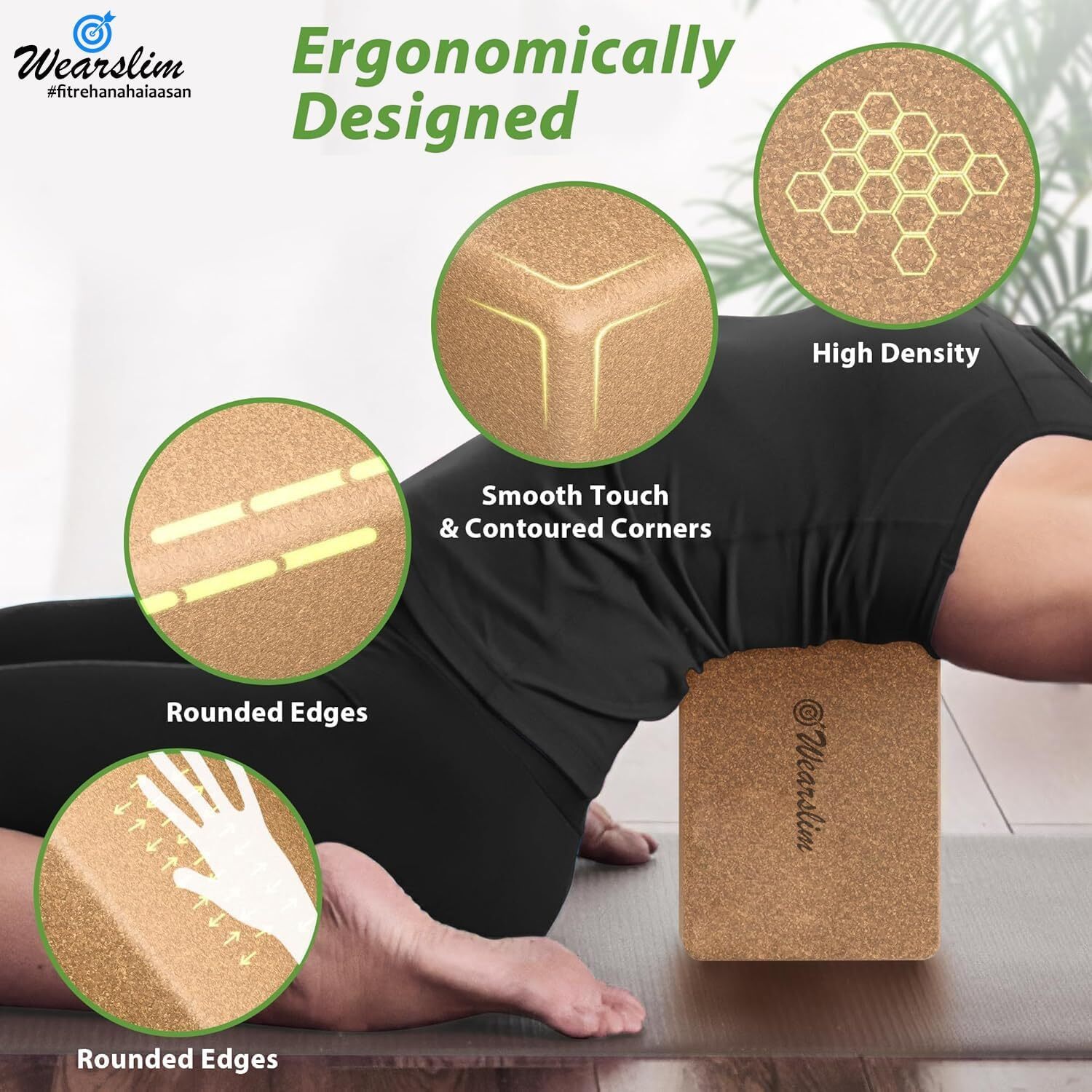 Wearslim Cork Yoga Block Premium High Density Non-Slip Exercise Yoga Bricks, Lightweight, Odor-Resistant and Moisture-Proof, Perfect Yoga Equipment for Women & Men- Size (24 x 14 x 9 cm) (1, Premium)