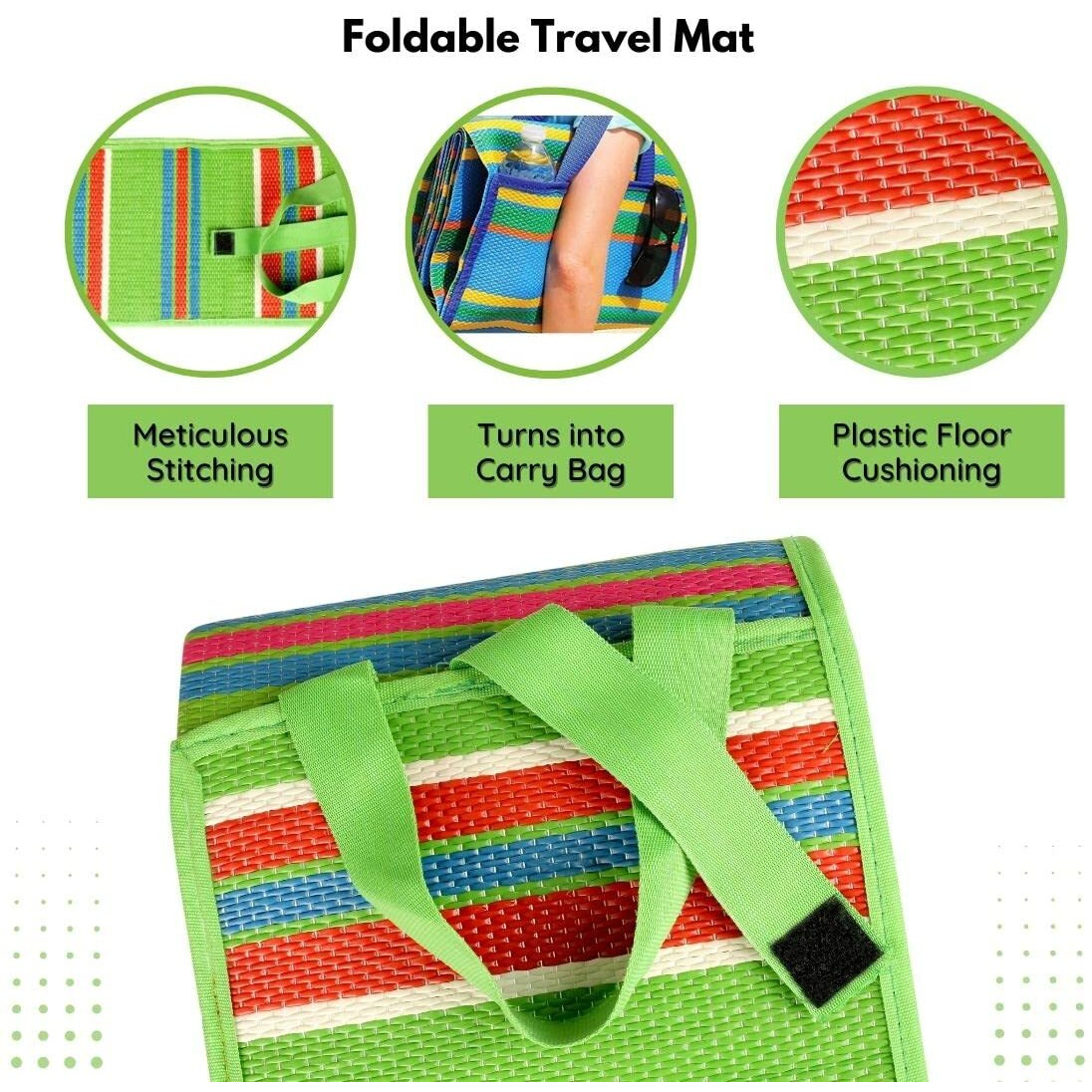 NOVAK DECORS Handy Reversible Sleeping Mat with Strap, Foldable, Durable, Waterproof, Sandproof Chatai Mats for Home 3x6 Feet Small Size, Perfect for Picnics, Beaches, Outings, Park, Camping