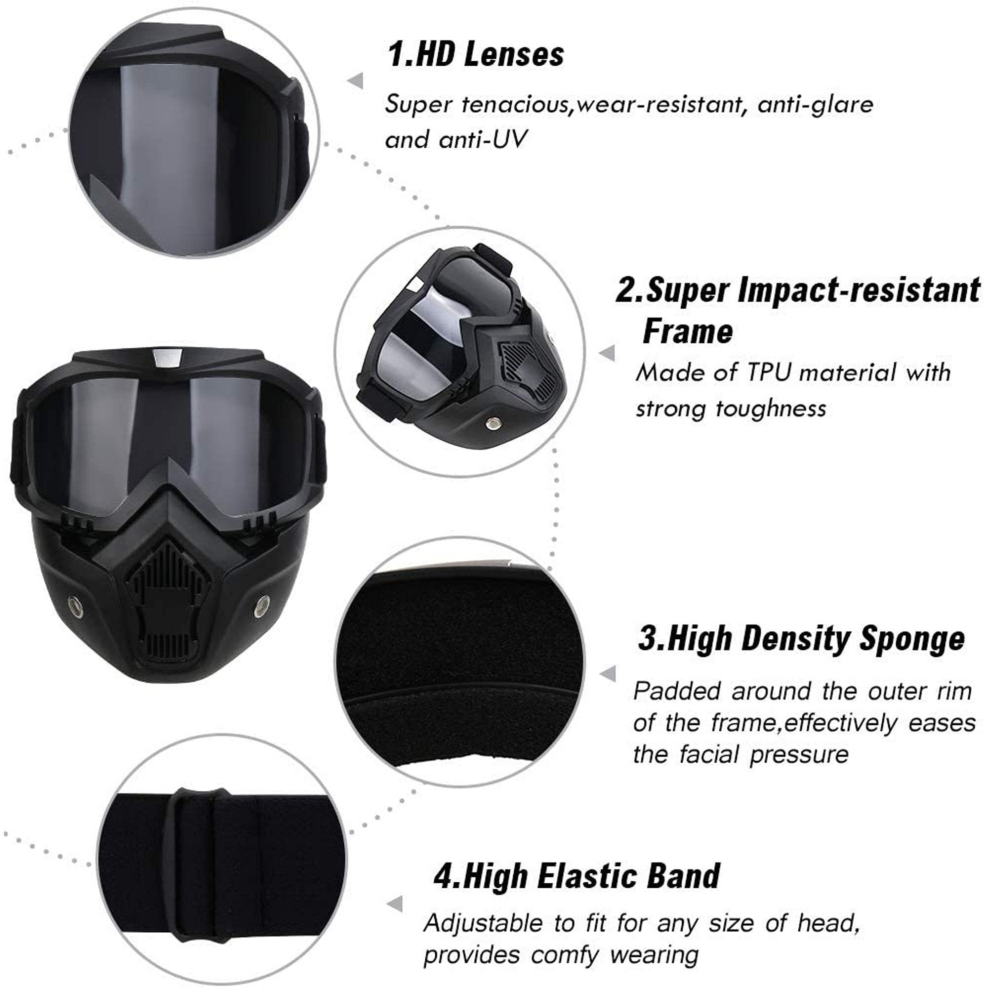 FABSPORTS protective goggles with detachable mask, Anti UV, Windproof, soft foam padded for comfort. Used for Motorcycle, Dirt Bike off road, ATV Ride, snowboarding, skiing, cycling etc