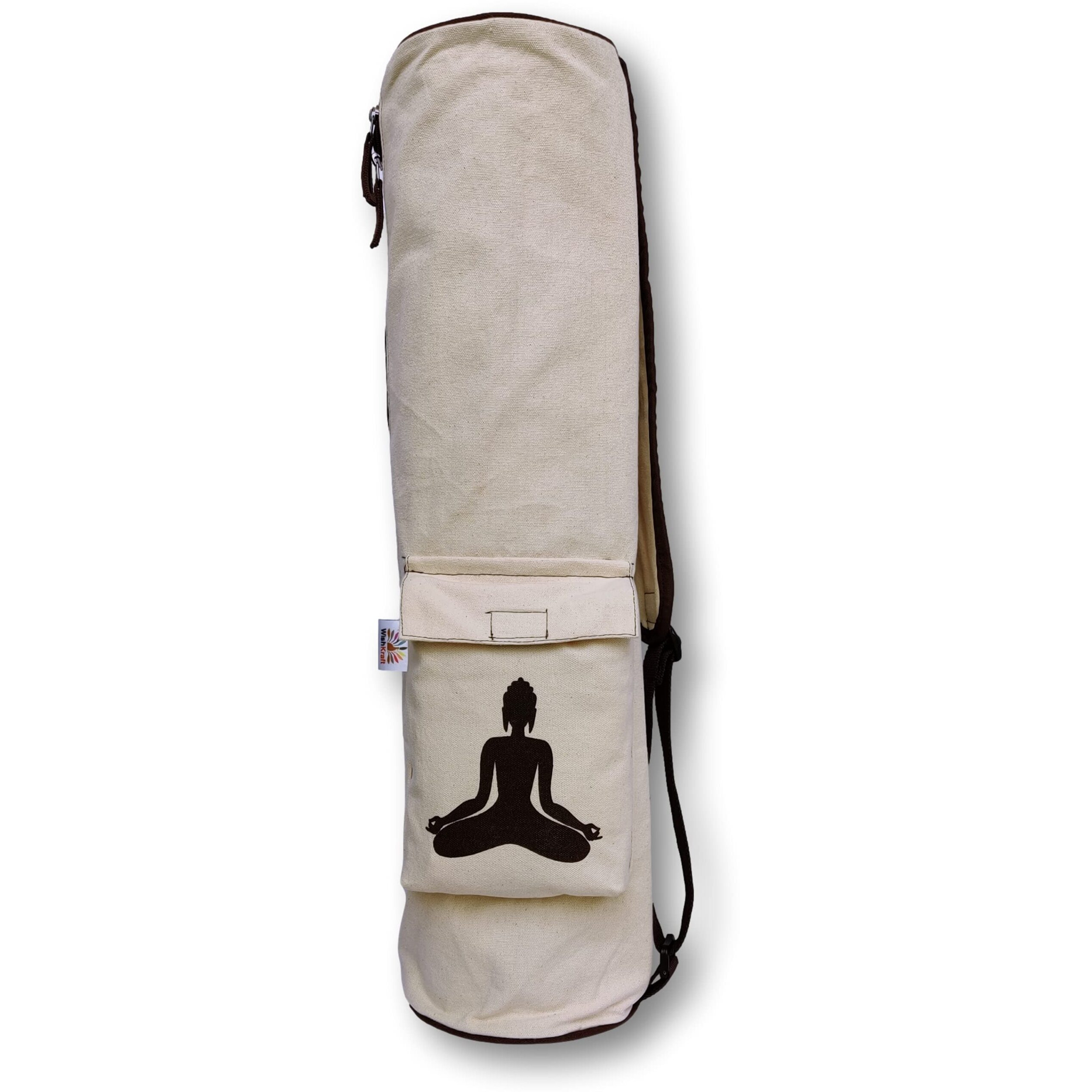 WishKraft Canvas Yoga Mat Bag [Natural Beige Carry Bag] Full Easy Access Zip Cover, Multi Functional Storage Pockets & Adjustable Shoulder Strap