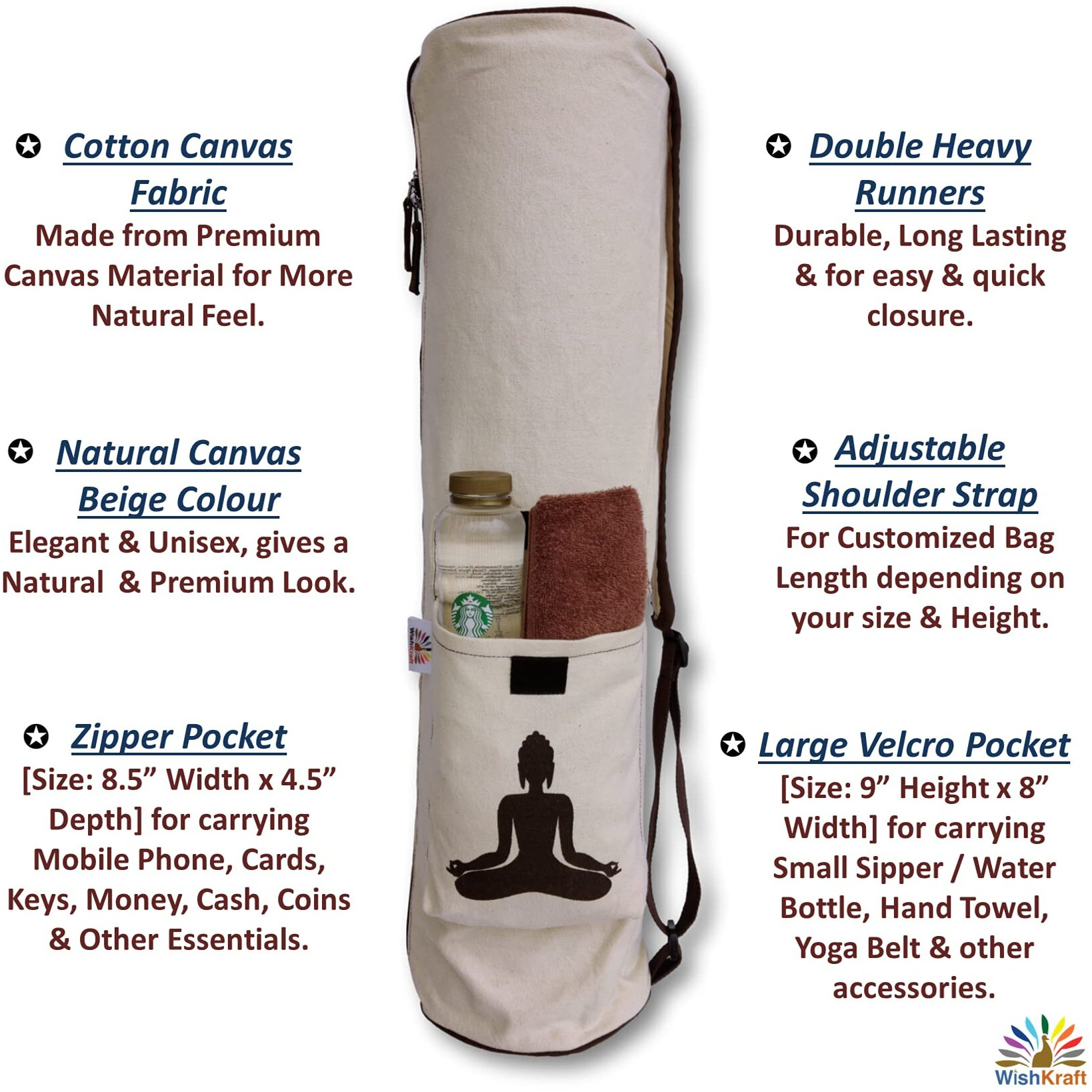 WishKraft Canvas Yoga Mat Bag [Natural Beige Carry Bag] Full Easy Access Zip Cover, Multi Functional Storage Pockets & Adjustable Shoulder Strap