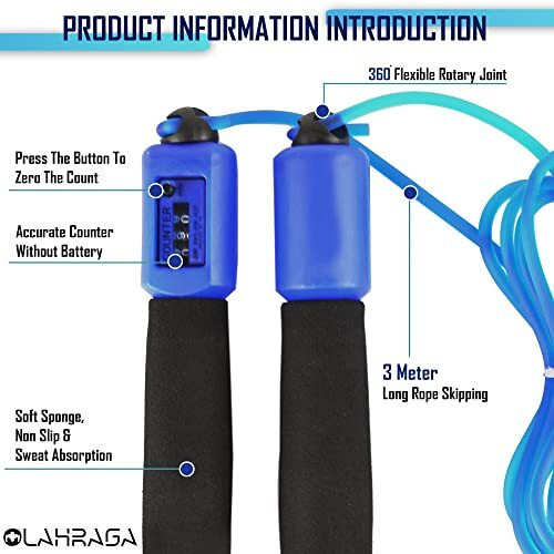 OLAHRAGA Jump Rope with Counter for Fitness Exercise Training, Adjustable Skipping Rope for Men, Women, Kids, Girls (Blue)