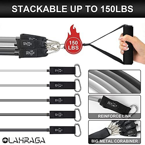 OLAHRAGA Natural Rubber Resistance Bands Set, 5 Tube Fitness Bands With Handles, Door Anchor, Ankle Straps For Physical Therapy, Resistance Training, Yoga, Home Workouts