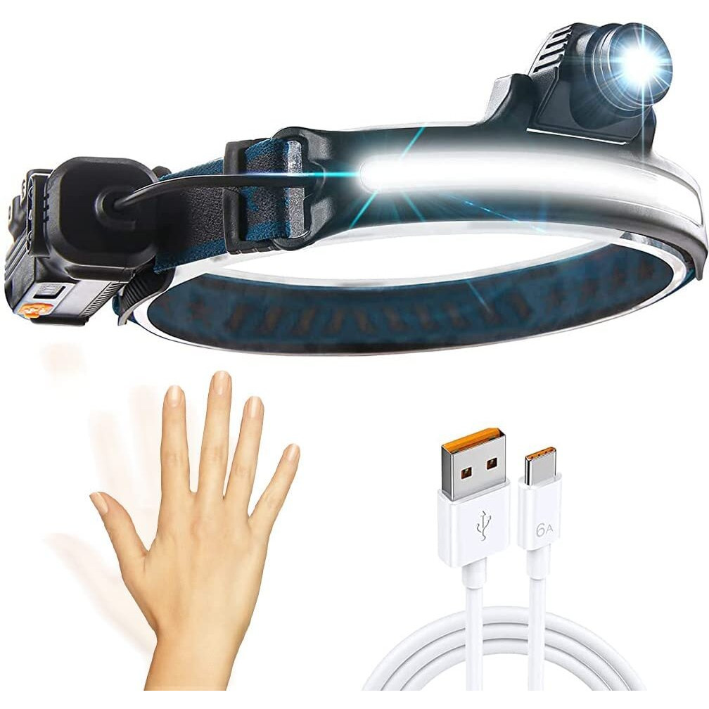 LED Headlamp,USB Rechargeable Head Torch Headlight Weatherproof LED Flash Light with Battery for Farmers, Fishing, Camping, Hiking, Cycling, Running (New Sensor Headlamp)