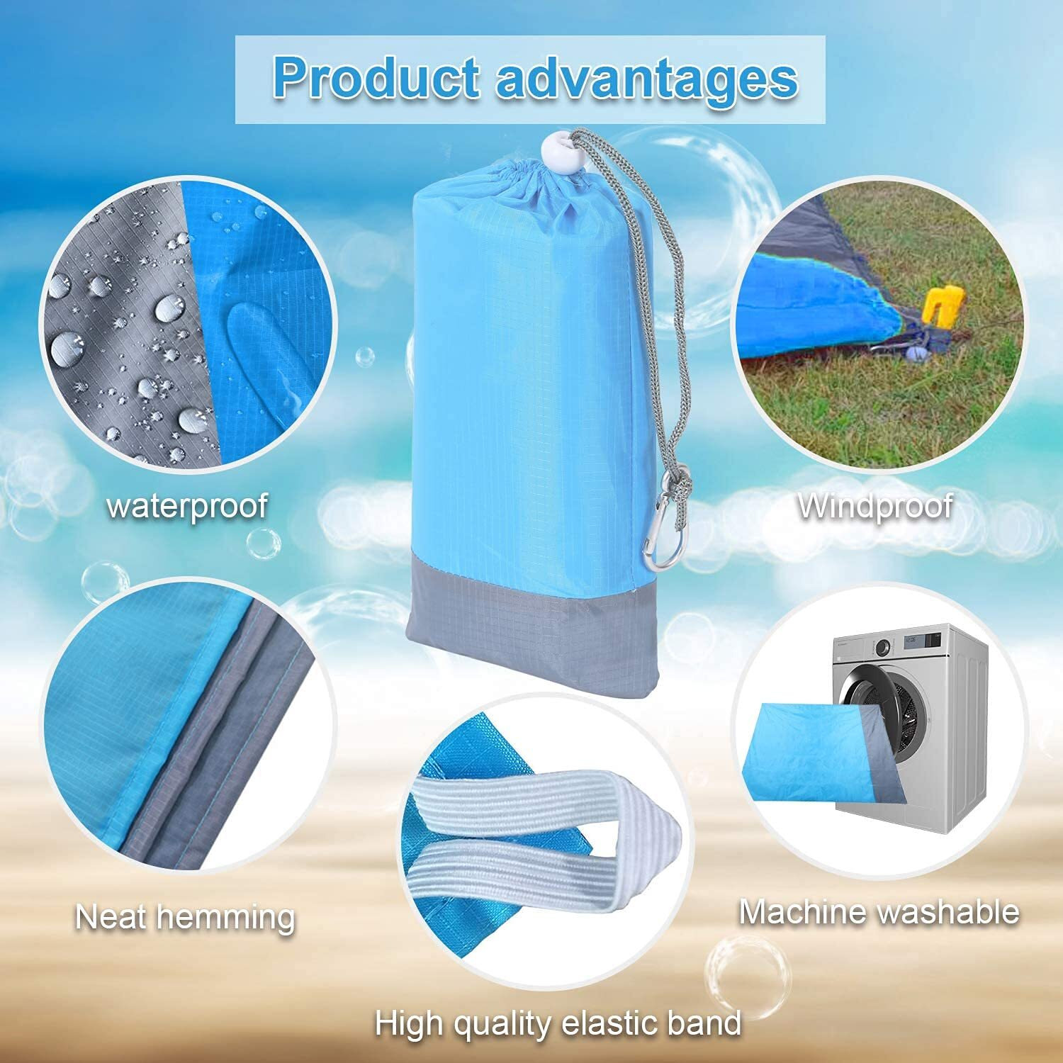 Sandproof Beach Blanket 79 X 83 Inch Emergency Beach Blanket Oversized Fits for 4-7 Adults, Large Waterproof Beach Mat, Lightweight Outdoor Picnic Mat for Travel, Camping, Hiking, Outdoor (Blue Beach Mat)