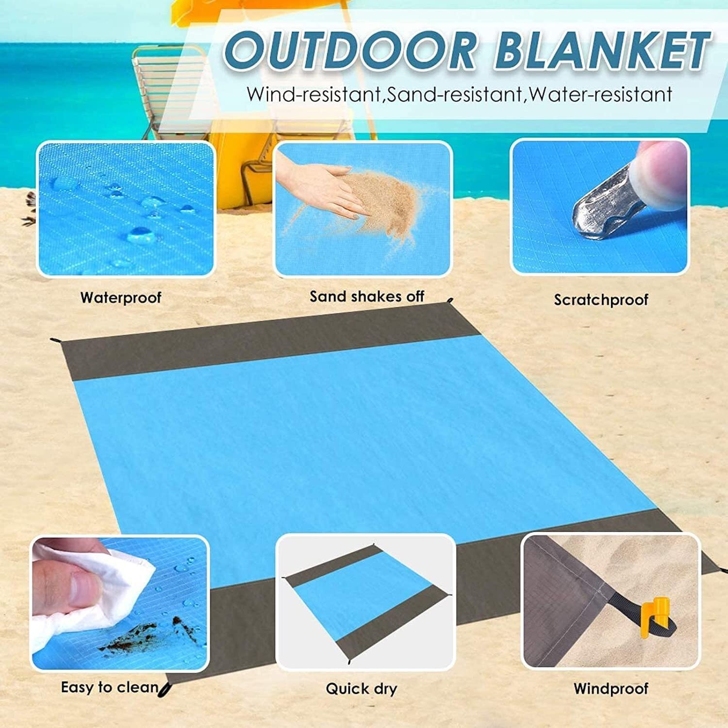 Sandproof Beach Blanket 79 X 83 Inch Emergency Beach Blanket Oversized Fits for 4-7 Adults, Large Waterproof Beach Mat, Lightweight Outdoor Picnic Mat for Travel, Camping, Hiking, Outdoor (Blue Beach Mat)