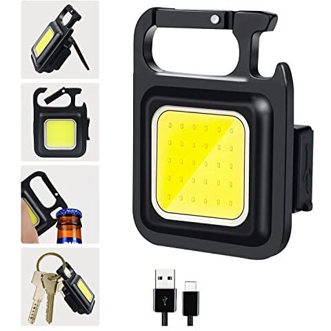 Small LED Flashlight Rechargeable Keychain Mini Flashlight 4 Light Modes Portable Pocket Light with Folding Bracket Bottle Opener and Magnet Base for Fishing Walking Camping