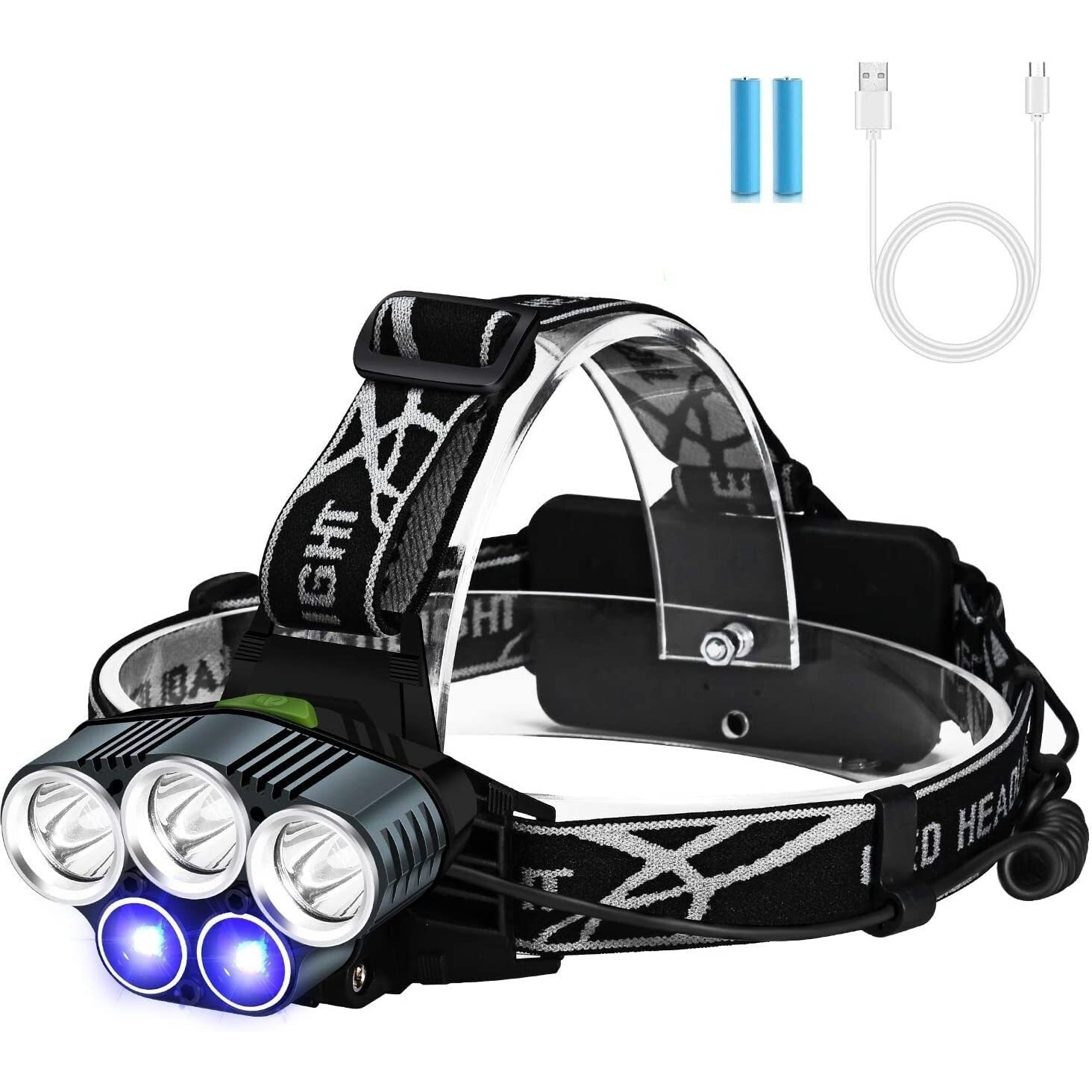 LED Headlamp,USB Rechargeable Head Torch Headlight Weatherproof LED Flash Light with Battery for Farmers, Fishing, Camping, Hiking, Cycling, Running (5 New LED Headlamp)
