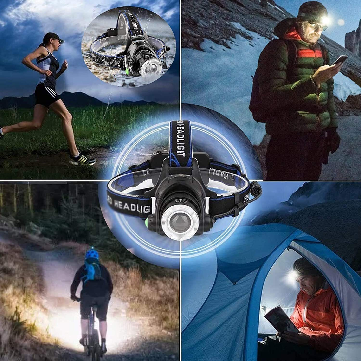 LED Headlamp,USB Rechargeable Head Torch Headlight Weatherproof LED Flash Light with Battery for Farmers, Fishing, Camping, Hiking, Cycling, Running (Single LED Headlamp)