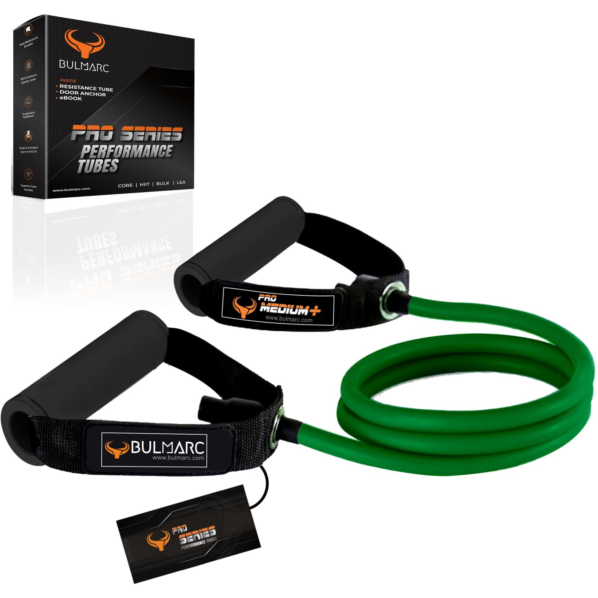 BULMARCS Resistance Tube Bands for Exercise set (Pro MEDIUM) with Foam Handle, featuring eBOOK with 45+ Exercises for Full Body Workout Toning Tube with Handle PRO MEDIUM (30-40LBS)