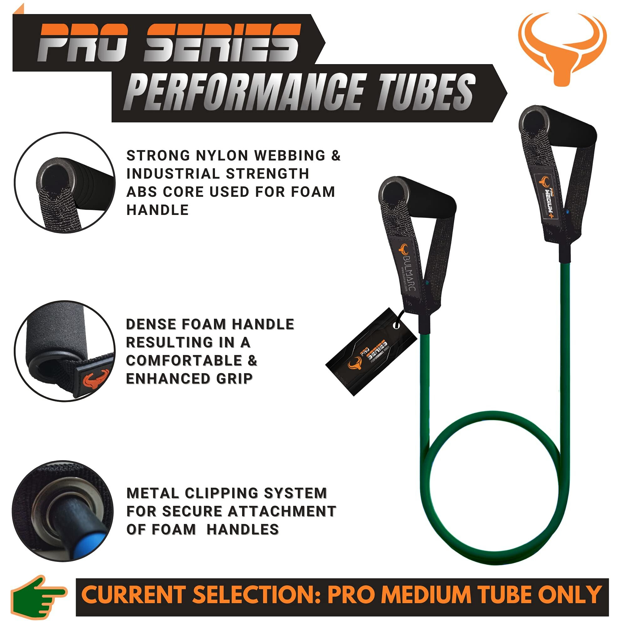 BULMARCS Resistance Tube Bands for Exercise set (Pro MEDIUM) with Foam Handle, featuring eBOOK with 45+ Exercises for Full Body Workout Toning Tube with Handle PRO MEDIUM (30-40LBS)