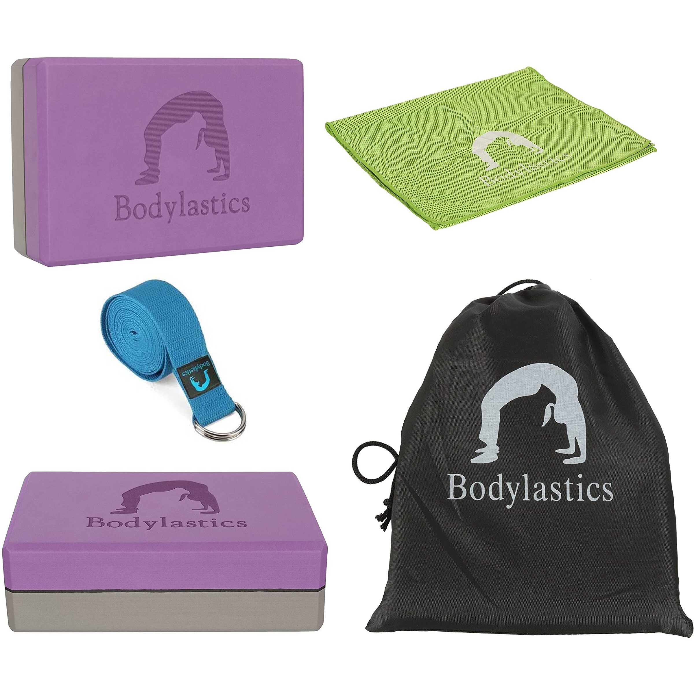 Bodylastics Yoga Blocks Set of 2, Yoga Strap, Cooling Towel with Storage Bag High Density EVA Foam Non-Slip Workout Bricks to Improve Poses Balance Flexibility Support Strength Training Exercise