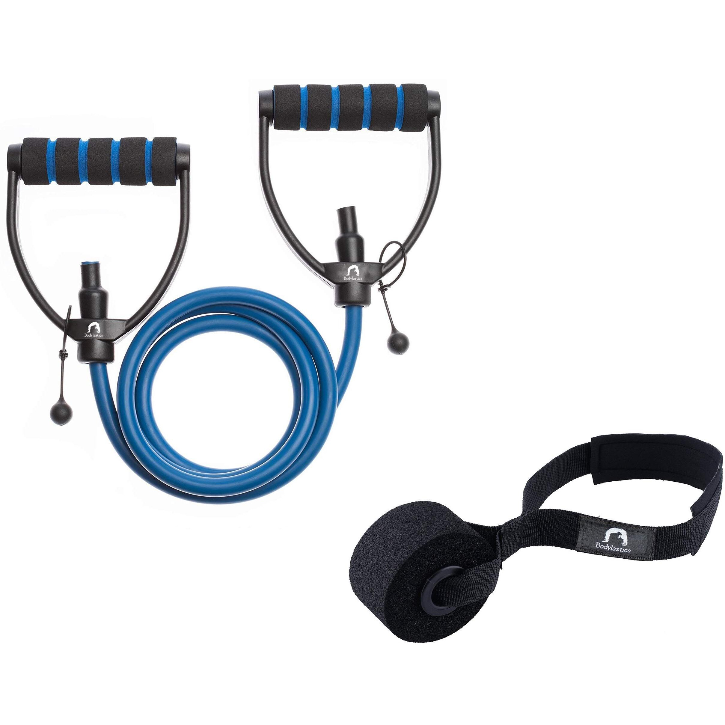 Bodylastics Resistance Tube with Adjustable Length, Non-Slip Handles, High Density Door Anchor for Strength Training (Blue - 20 LBS)(Material Natural Latex)