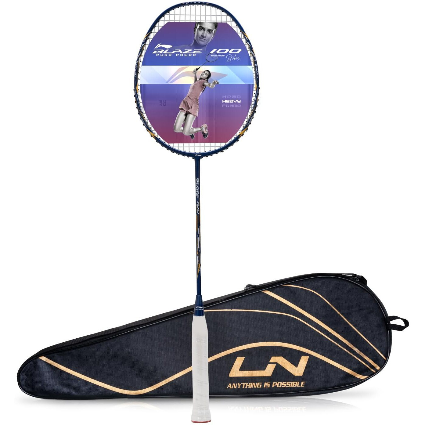 Li-Ning Blaze 100 Carbon Fibre Strung Badmiton Racket with Free Full Cover (Navy White Gold, 78 Grams)