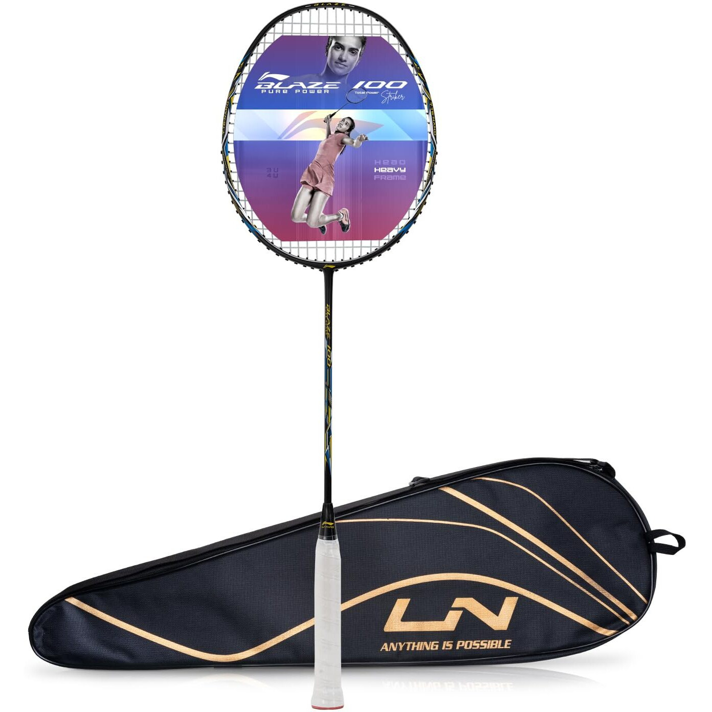 Li-Ning Blaze 100 Carbon Fibre Strung Badmiton Racket with Free Full Cover (Charcoal Lime Blue, 78 Grams)