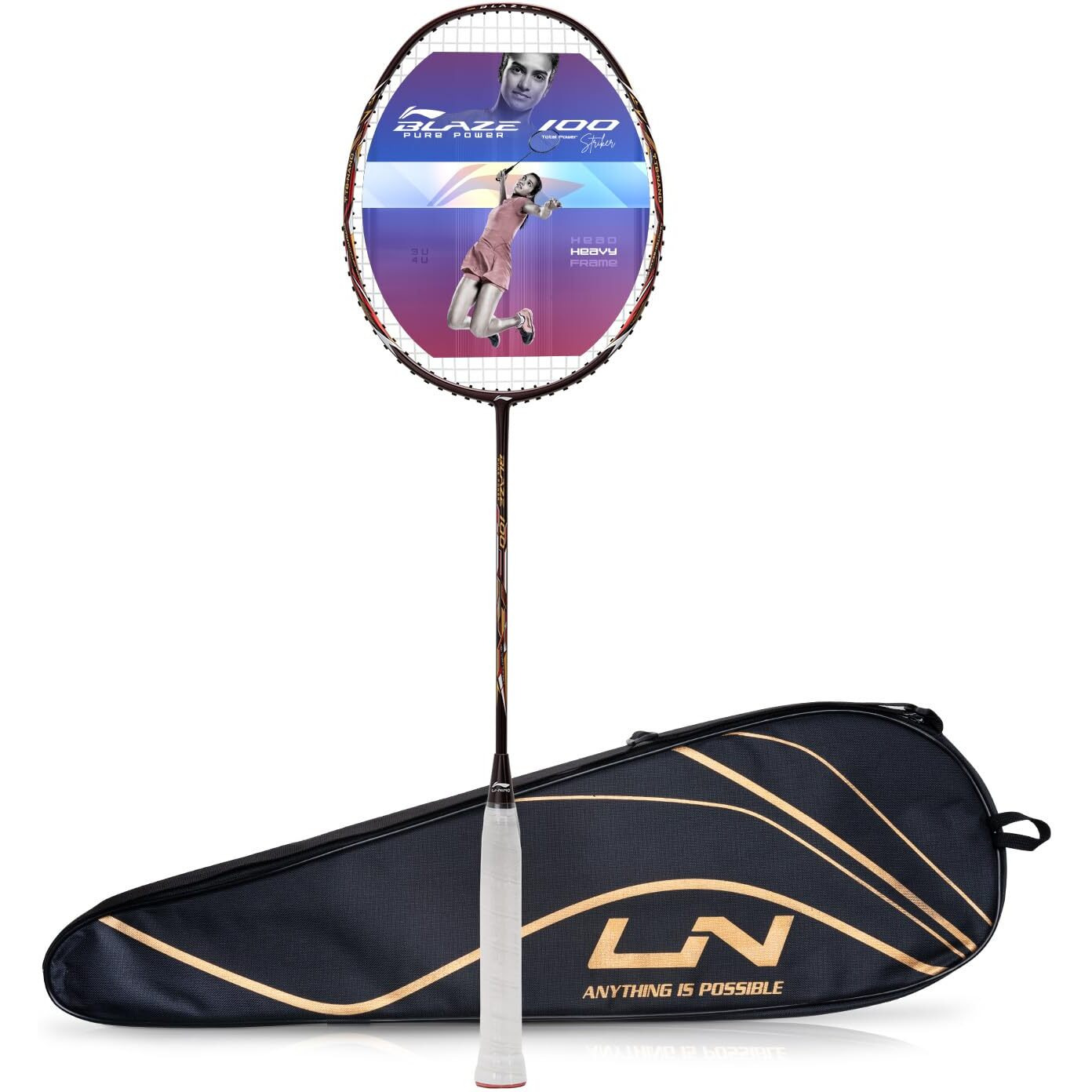 Li-Ning Blaze 100 Carbon Fibre Strung Badmiton Racket with Free Full Cover (Merlot Gold Red, 78 Grams)