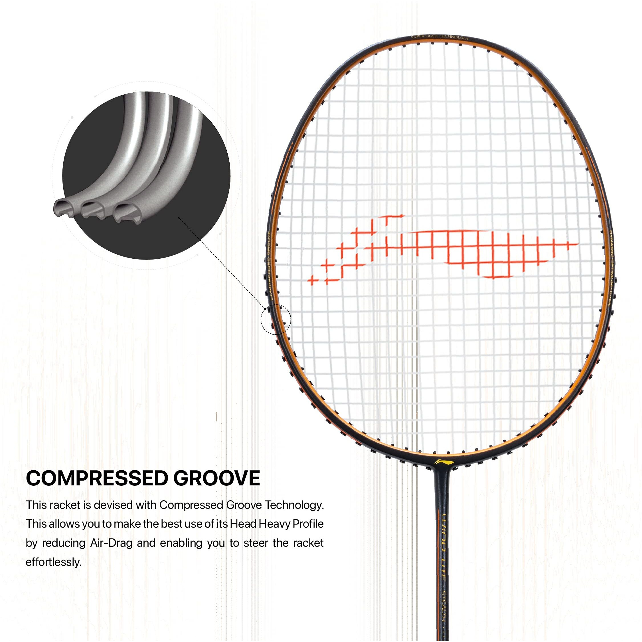 Li-Ning Wind Lite Stealth Carbon Fibre Strung(Charcoal  Copper) Racket With Free Full Cover, Badminton