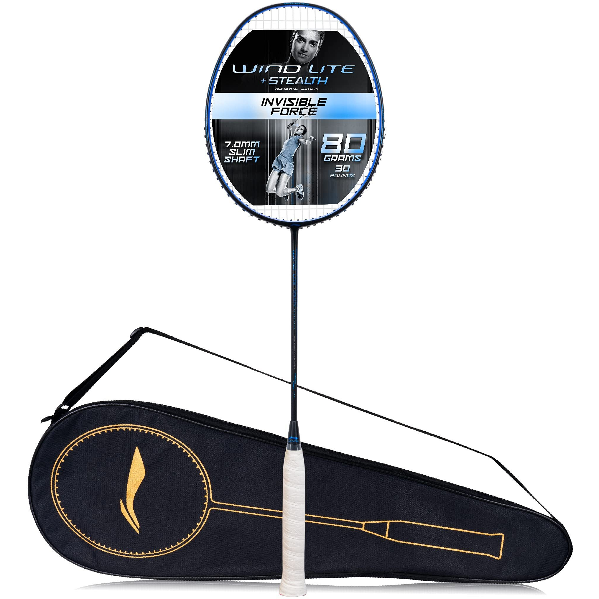 Li-Ning Wind Lite Stealth Carbon Fibre Strung(Black  Blue) Racket With Free Full Cover, Badminton