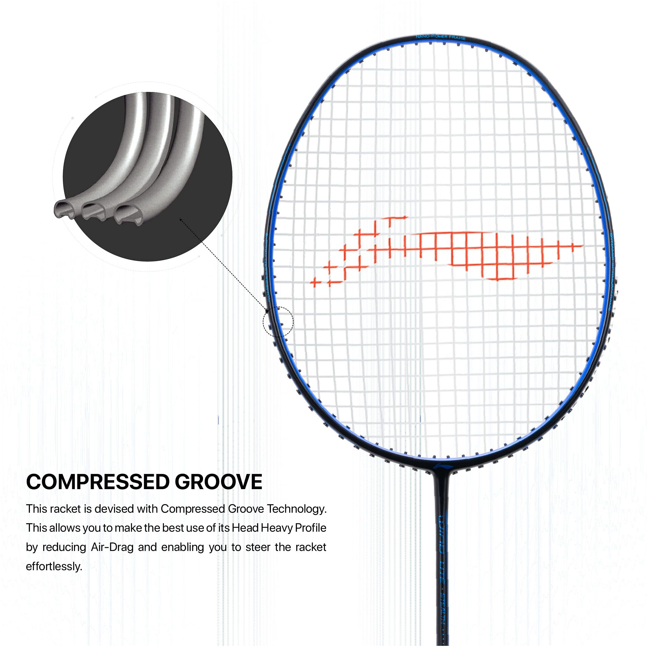 Li-Ning Wind Lite Stealth Carbon Fibre Strung(Black  Blue) Racket With Free Full Cover, Badminton