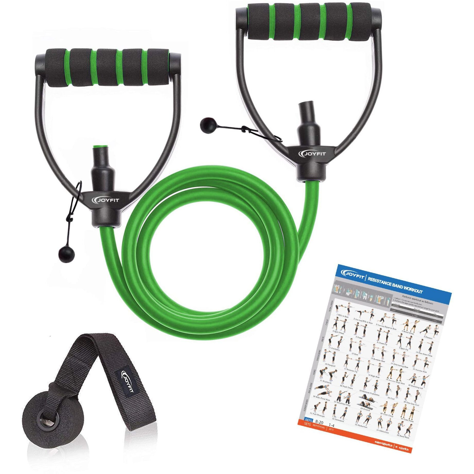 JoyFit Natural Rubber Resistance Tube with Adjustable Knob for Workout with Door Anchor & Workout Chart. Toning Tube for Home Workout, Strength Training