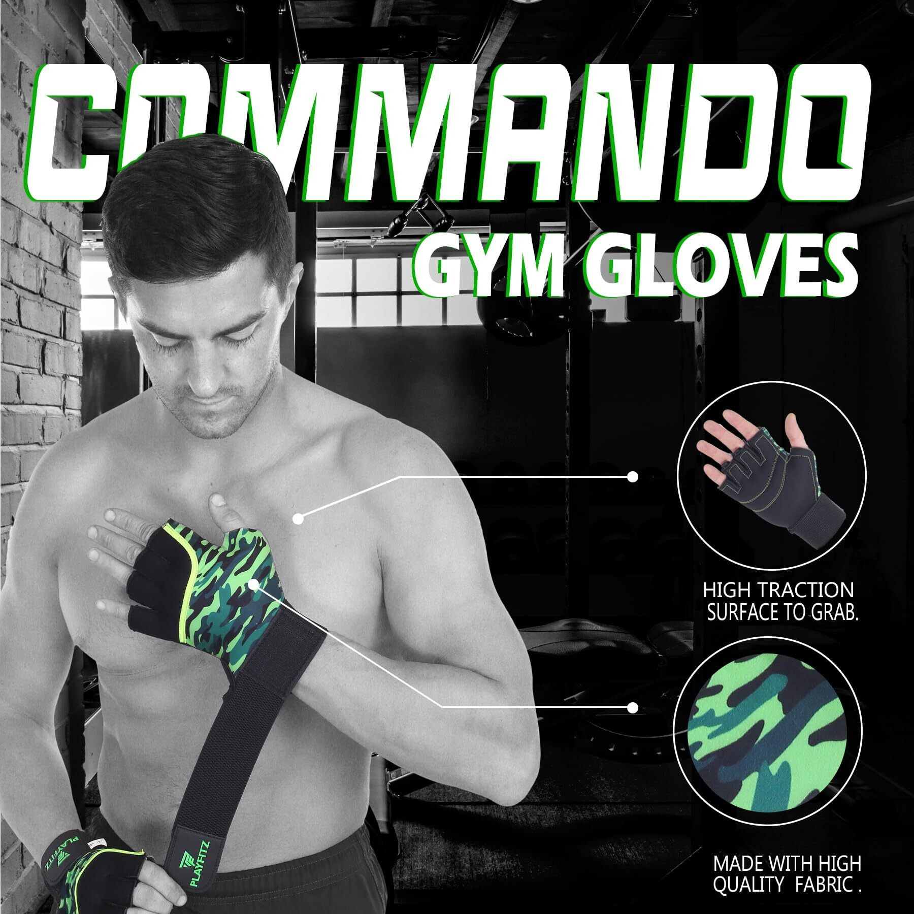 PLAYFITZ COMMANDO Leather Gloves for Men & Women Gloves for Gym Exercise Gloves for Sports, Cycling, Weightlifting, Training, Anti-Slip, Breathable, Durable, Light Weight Size S (Military)