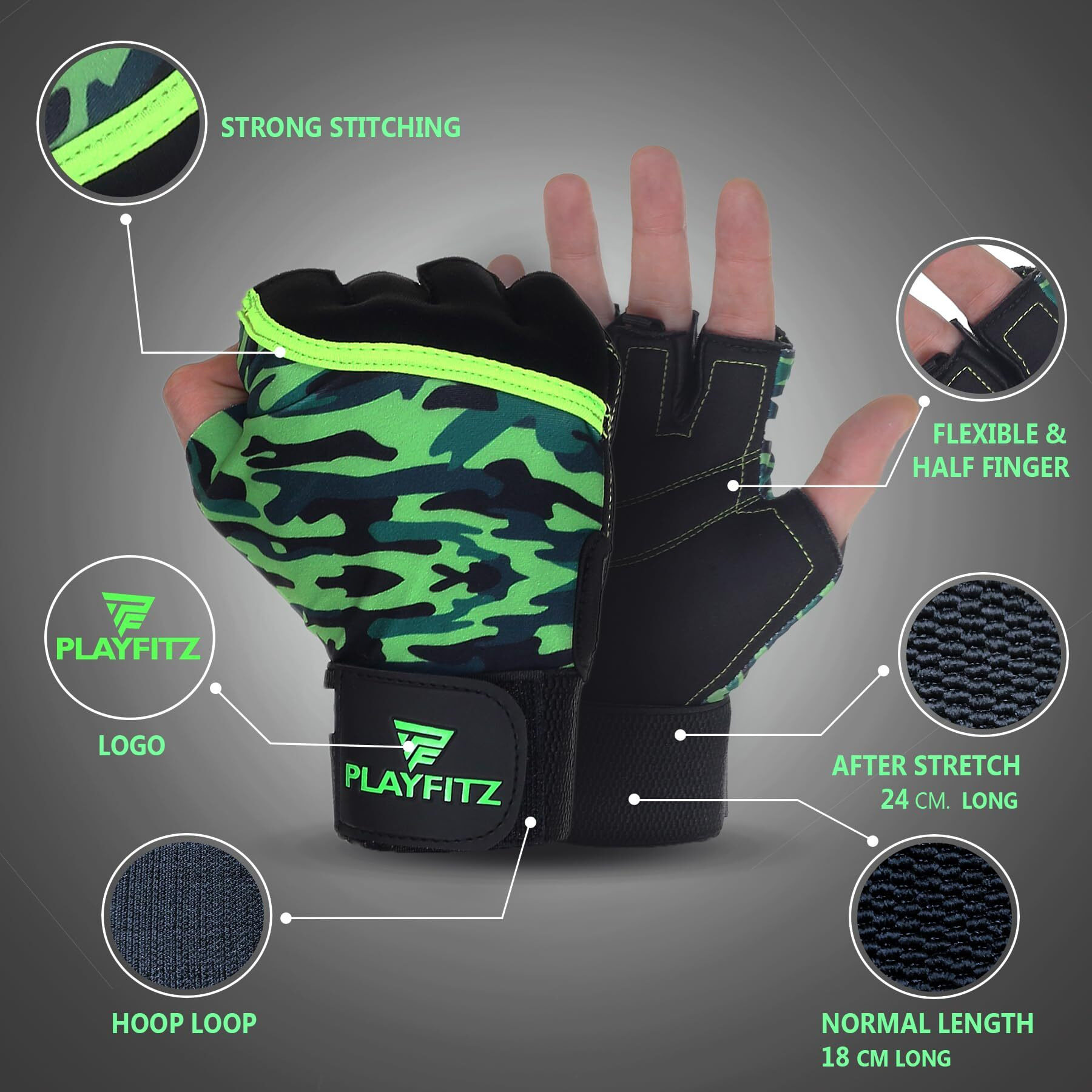 PLAYFITZ COMMANDO Leather Gloves for Men & Women Gloves for Gym Exercise Gloves for Sports, Cycling, Weightlifting, Training, Anti-Slip, Breathable, Durable, Light Weight Size S (Military)