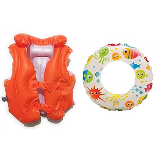 Mamadev- Pool Party Adjustable Float Inflatable Swim Vest Safety Jacket with Swimming Ring for Girls and Boys Swimming Ring Swim Tube(5-8 Year)(Swimming Jacket &Swim Ring)