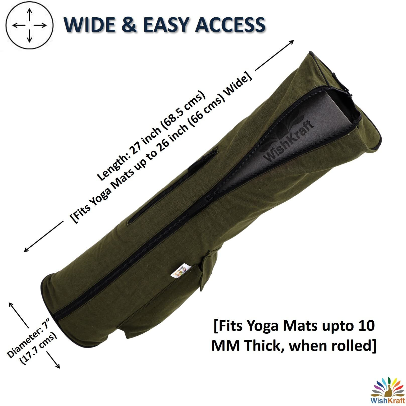 WishKraft Canvas Yoga Mat Bag | Full Easy Access Zip Cover, Multi Functional Storage Pockets & Adjustable Shoulder Strap (Olive Green)