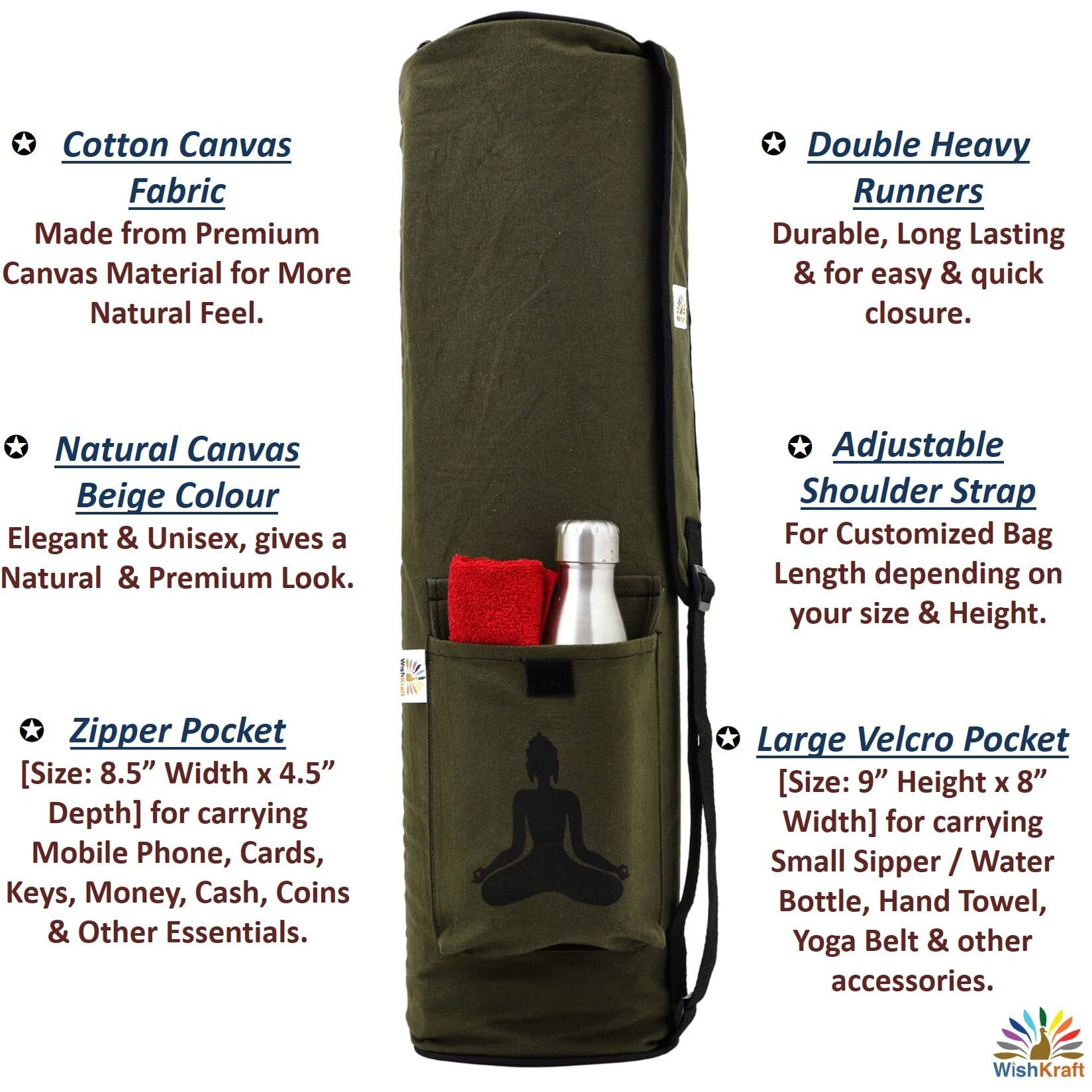 WishKraft Canvas Yoga Mat Bag | Full Easy Access Zip Cover, Multi Functional Storage Pockets & Adjustable Shoulder Strap (Olive Green)