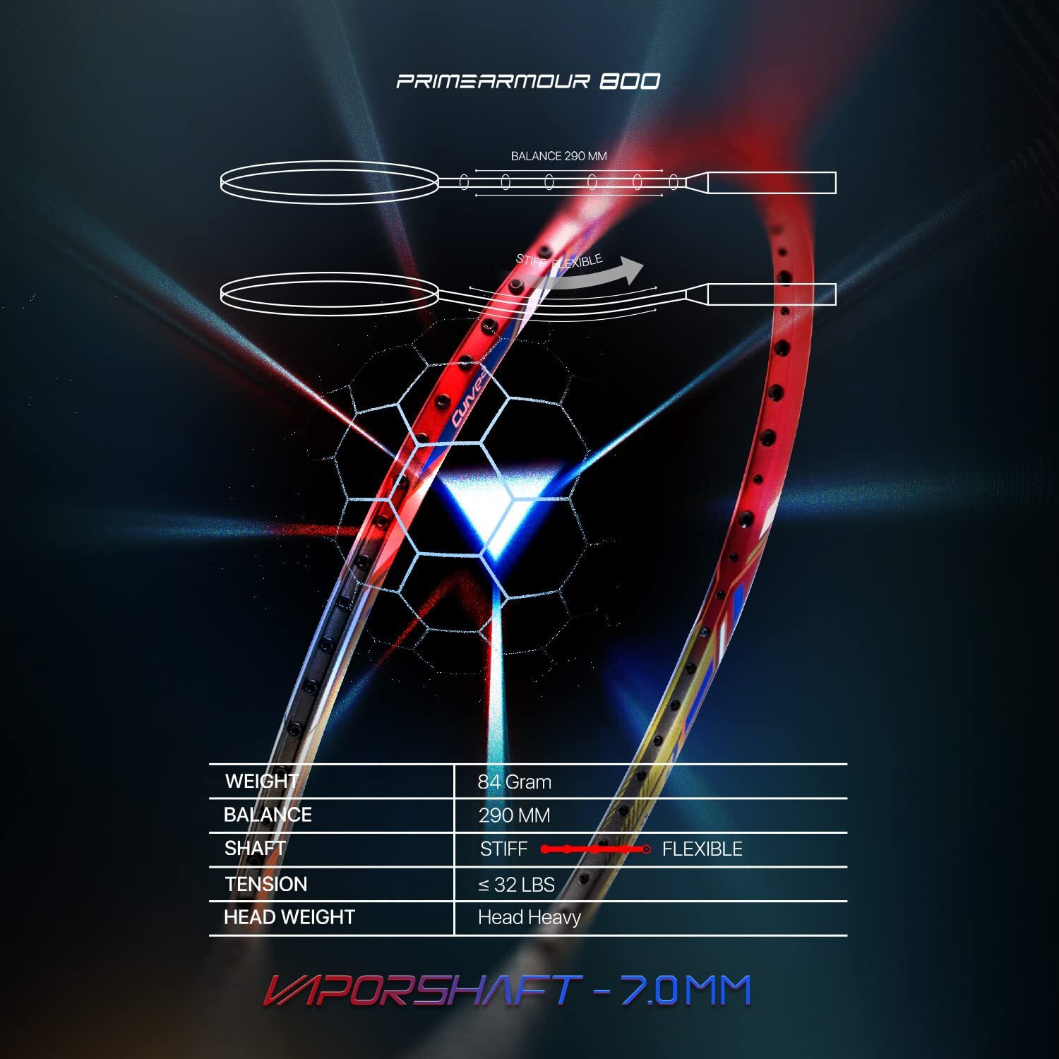 HUNDRED Primearmour 800 Carbon Fibre Unstrung Badminton Racket with Full Racket Cover for Intermediate Players (84g, Max Tension - 32LBS)