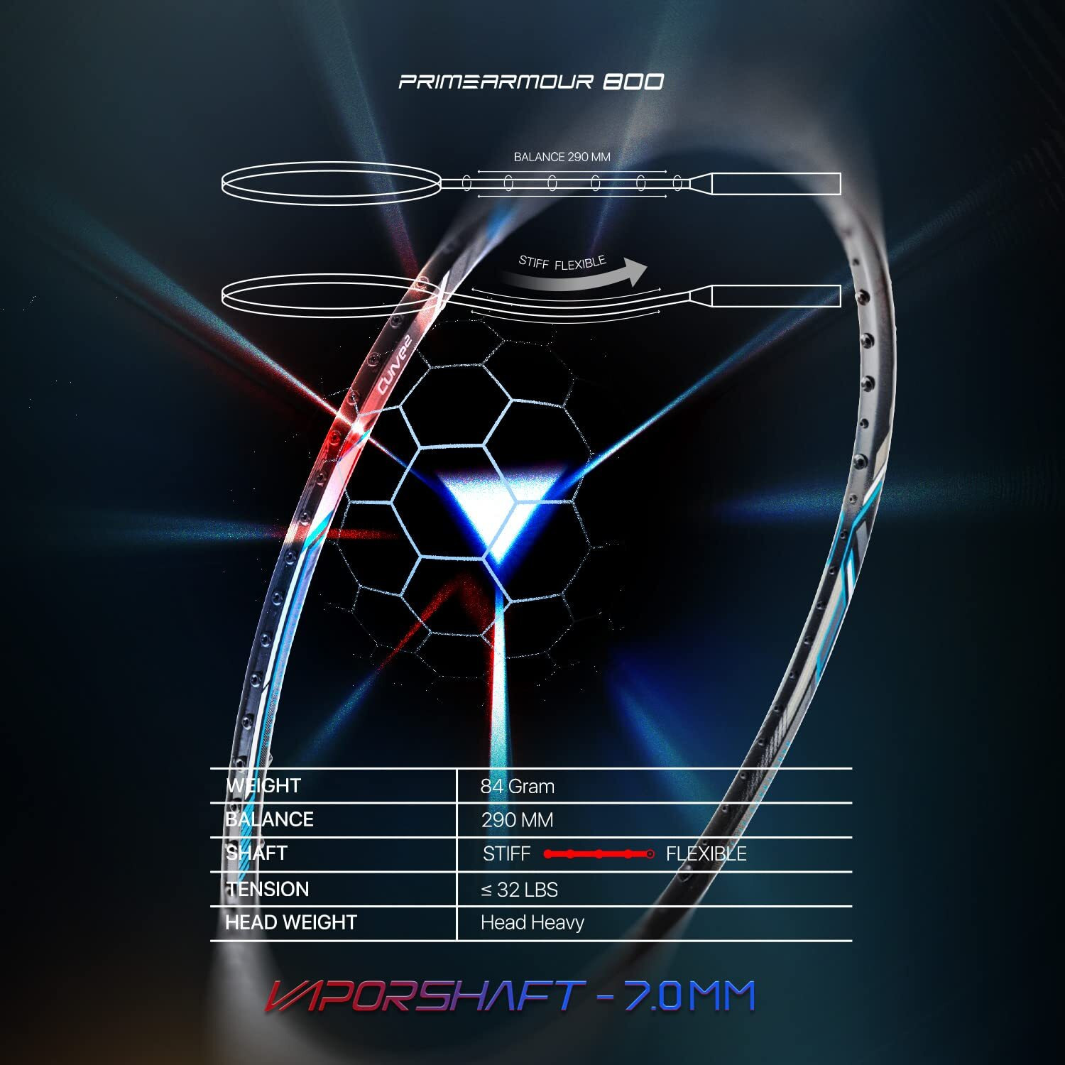 HUNDRED Primearmour 800 Carbon Fibre Unstrung Badminton Racket with Full Racket Cover for Intermediate Players (84g, Max Tension - 32LBS)