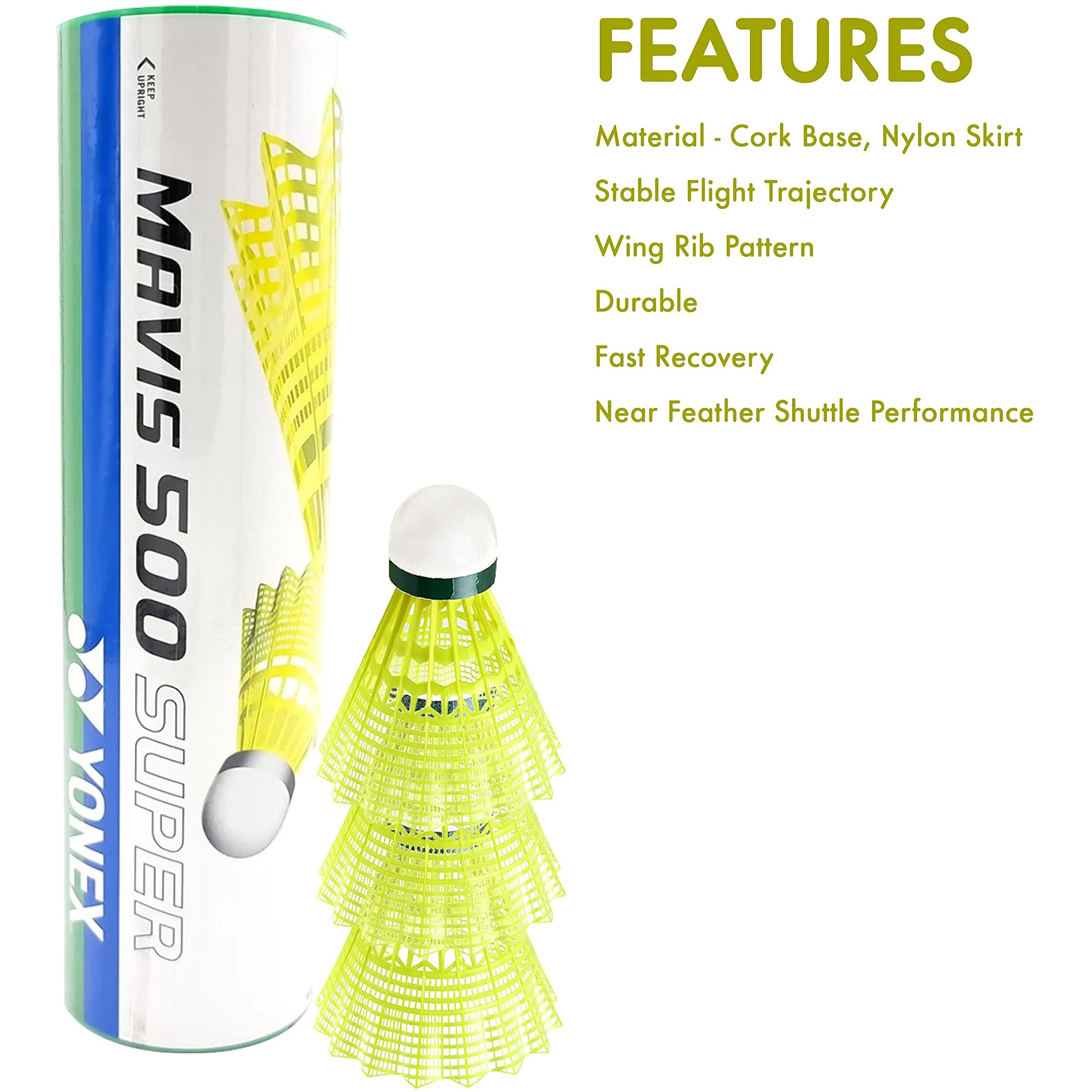 YONEX Mavis 500 Super Nylon Shuttlecock Made in Japan - Pack of 6 (Yellow)