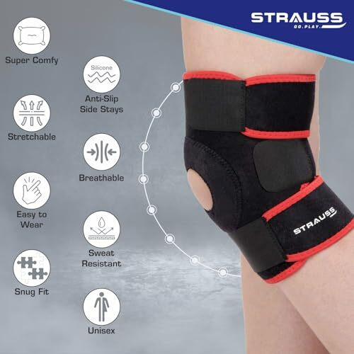 STRAUSS Adjustable Knee Support Patella | Breathable Knee Cap for Knee Pain, Gym Workout, Running, Arthritis and Protection | Knee Brace for Knee Pain Relief | For Men and Women | Size Free Size, (Black Red)