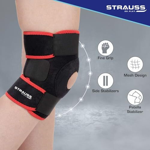 STRAUSS Adjustable Knee Support Patella | Breathable Knee Cap for Knee Pain, Gym Workout, Running, Arthritis and Protection | Knee Brace for Knee Pain Relief | For Men and Women | Size Free Size, (Black Red)