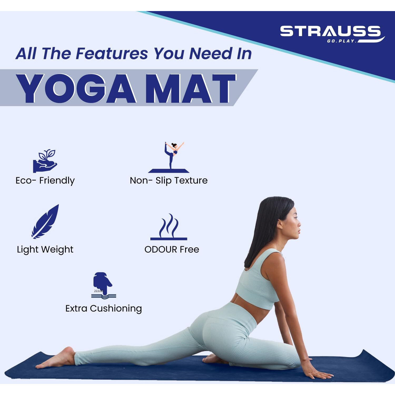 STRAUSS TPE Dual Layer Yoga Mat | Exercise Mat for Yoga, Pilates & Gym | Lightweight & Eco-Friendly Material | Yoga Mat for Women and Men | Ideal for Home Gym Workout | Includes Carry Bag | 6MM (Blue)
