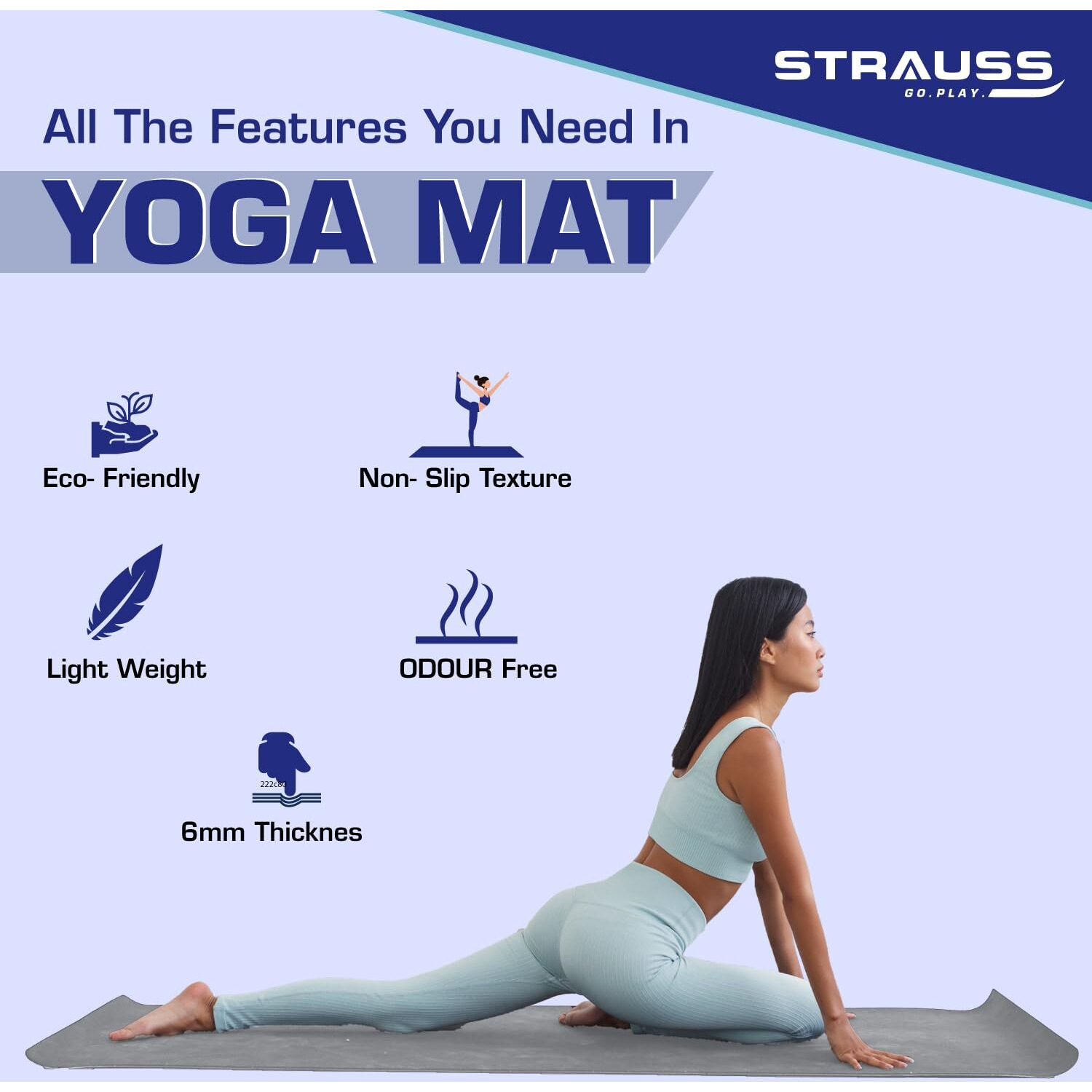 STRAUSS Yoga Mat with Carry Bag | Anti-Slip Exercise Mat for Women & Men | Home Gym Workout, Yoga, Pilates | Eco-friendly | Non-Slip Surface | Lightweight & Durable | 6mm (Grey)