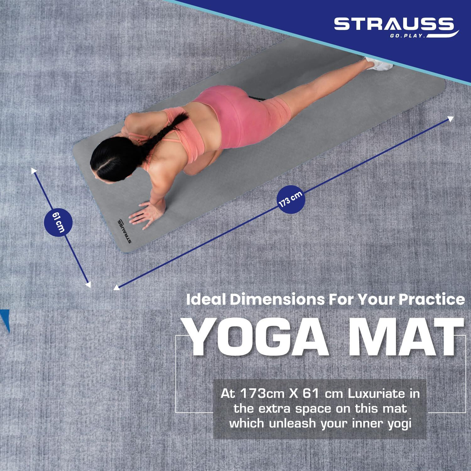 STRAUSS Yoga Mat with Carry Bag | Anti-Slip Exercise Mat for Women & Men | Home Gym Workout, Yoga, Pilates | Eco-friendly | Non-Slip Surface | Lightweight & Durable | 6mm (Grey)