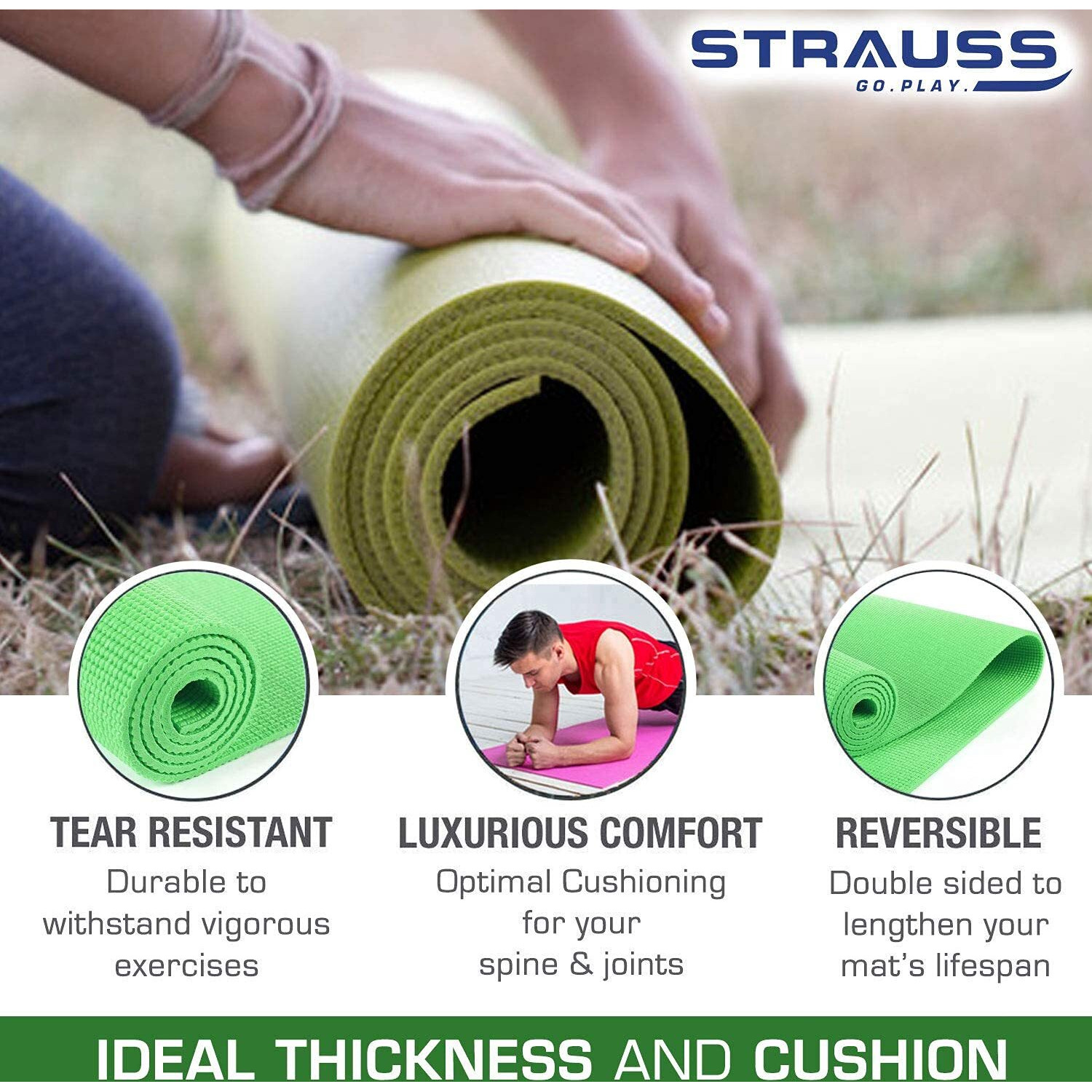 STRAUSS Yoga Mat with Carry Bag | Anti-Slip Exercise Mat for Women & Men | Home Gym Workout, Yoga, Pilates | Eco-friendly | Non-Slip Surface | Lightweight & Durable | 6mm (Green)