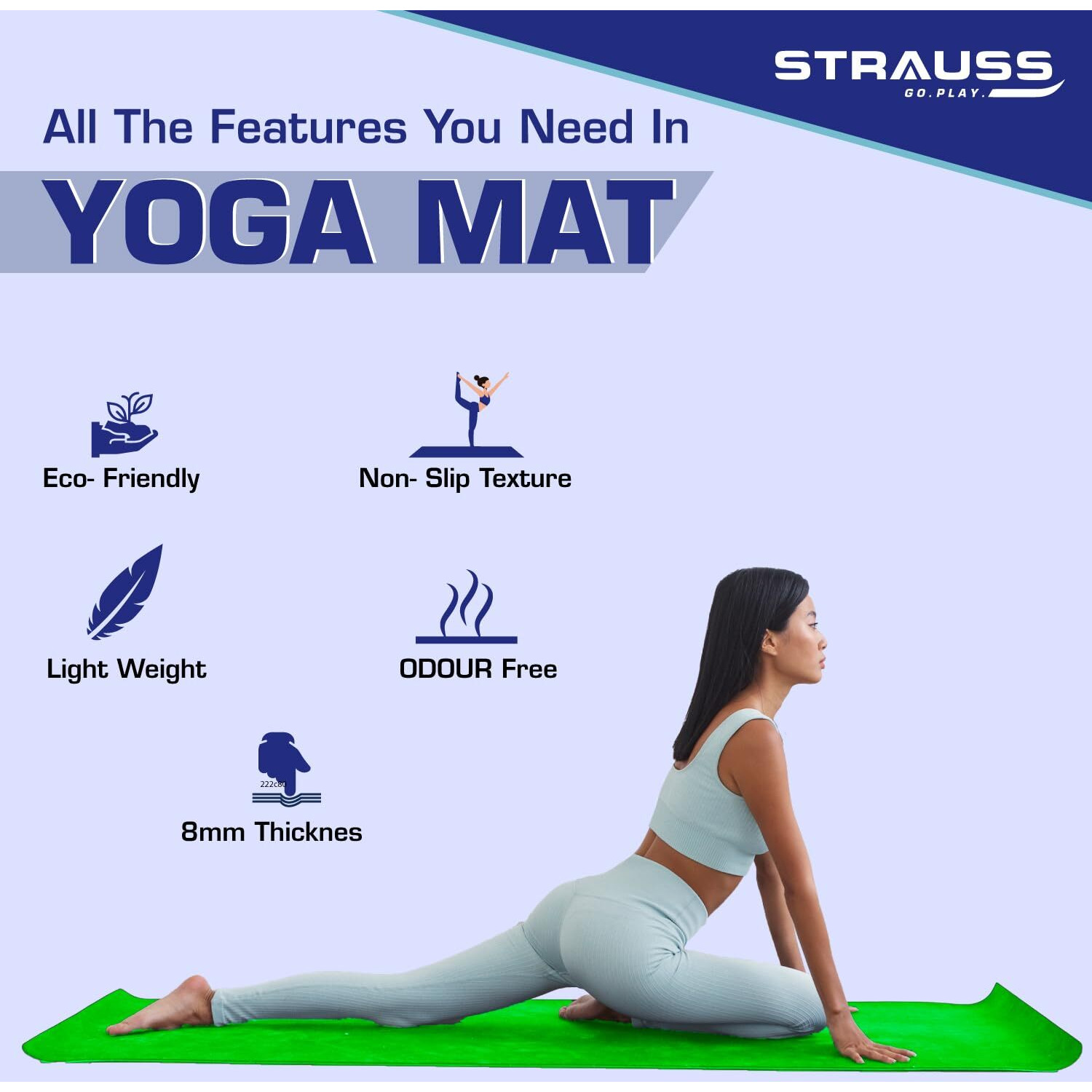 STRAUSS Yoga Mat with Carry Bag | Anti-Slip Exercise Mat for Women & Men | Home Gym Workout, Yoga, Pilates | Eco-friendly | Non-Slip Surface | Lightweight & Durable | 8mm (Green)