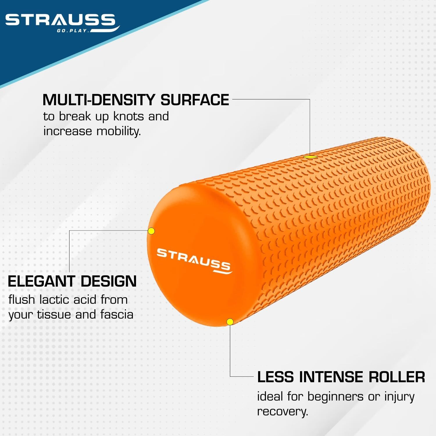Strauss Yoga Foam Roller | Deep Tissue Massage Roller for Knee Exercise, Muscles Recovery & Physiotherapy | Home Gym Fitness Equipment for Full Body Relaxation and Flexibility | 30cm,(Orange)
