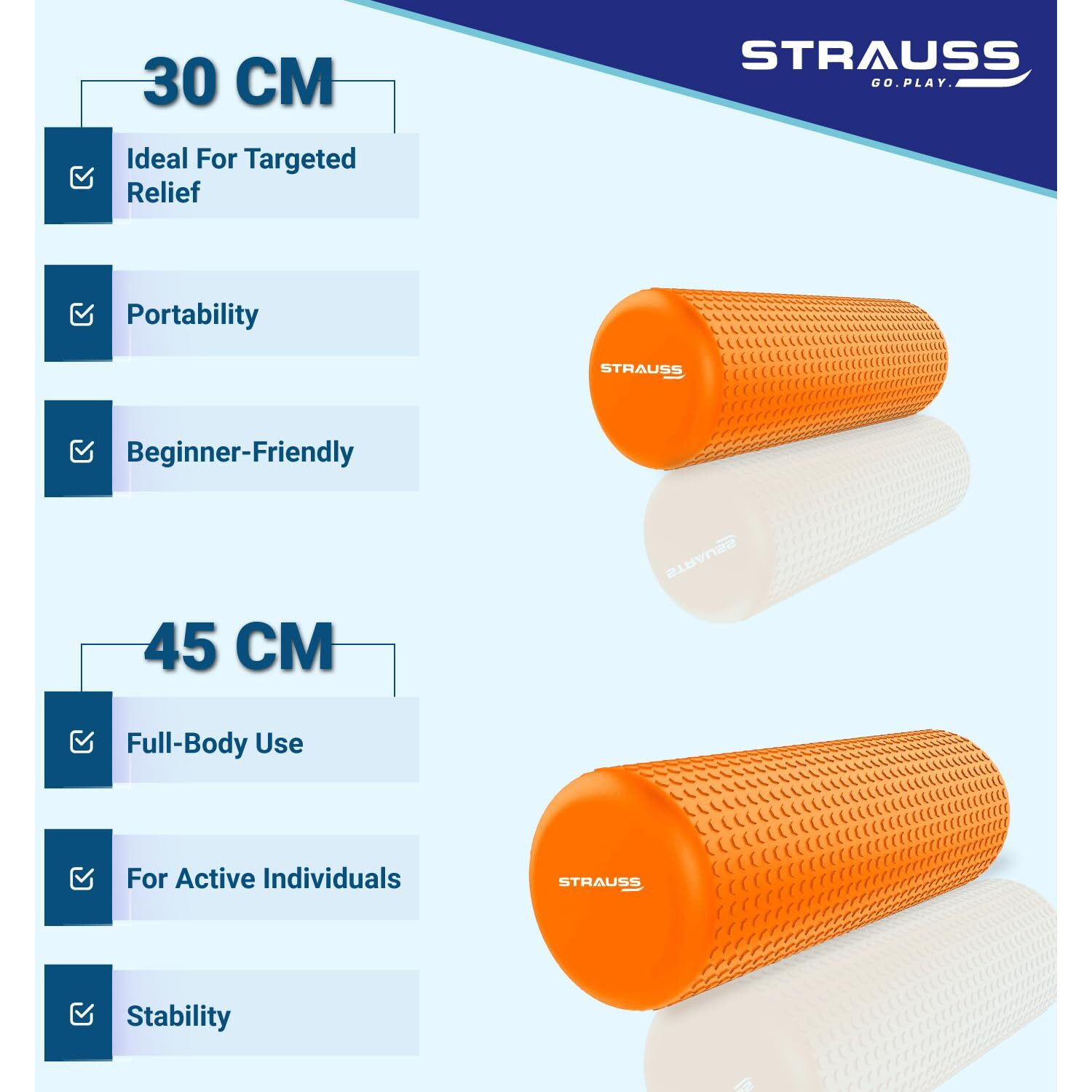 Strauss Yoga Foam Roller | Deep Tissue Massage Roller for Knee Exercise, Muscles Recovery & Physiotherapy | Home Gym Fitness Equipment for Full Body Relaxation and Flexibility | 30cm,(Orange)