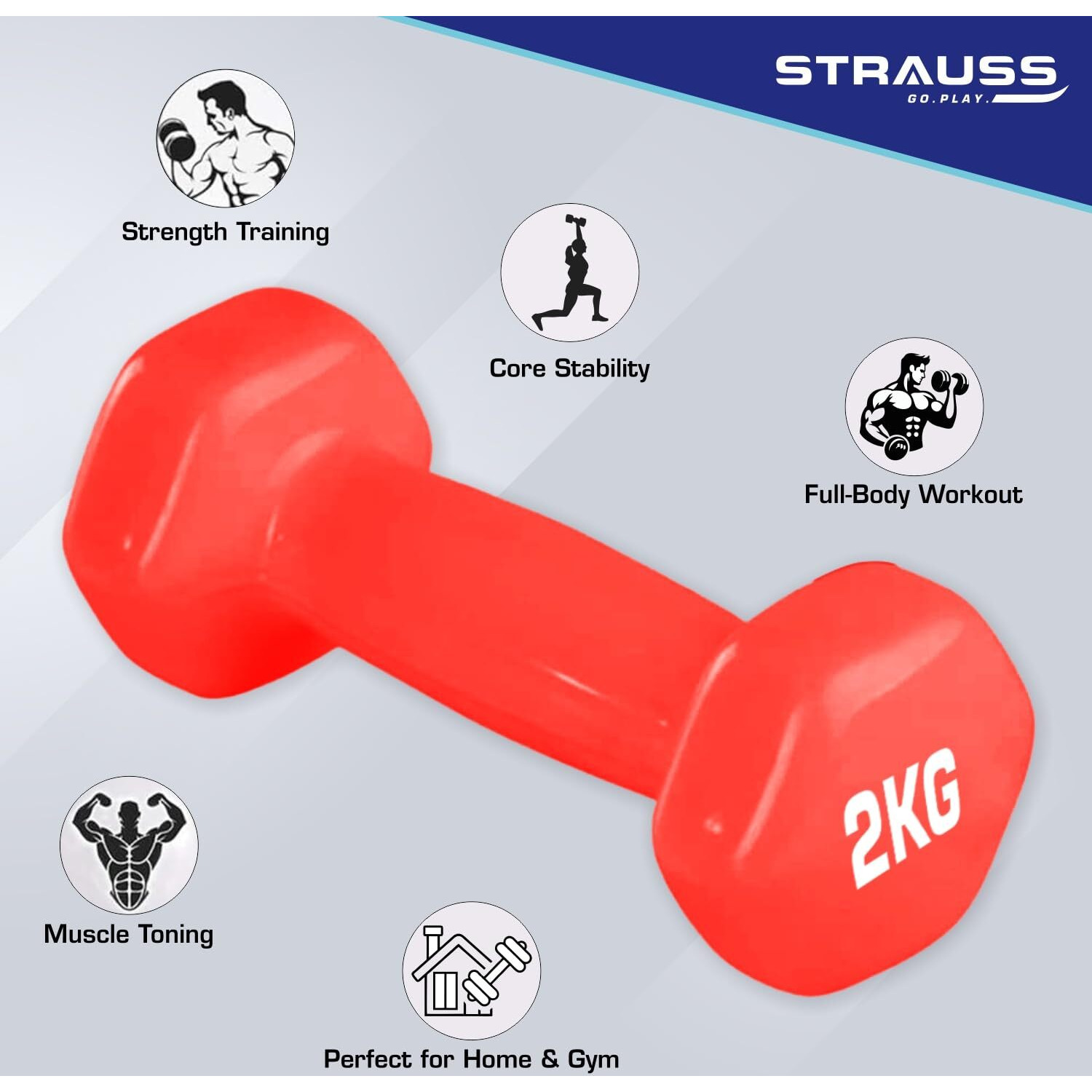 Strauss Vinyl Dumbbell Set for Men & Women |Ideal Home & Gym Workout |Non-Slip Grip, Compact & Portable | Fitness Gym Equipment for Strength Training, Bodybuilding, & Aerobics|2Kg Each,4Kg Pair,(Red)