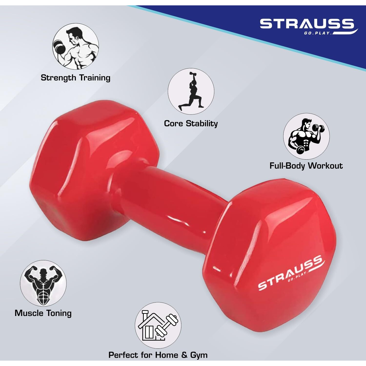 Strauss Vinyl Dumbbell Set for Men & Women |Ideal Home & Gym Workout |Non-Slip Grip, Compact & Portable | Fitness Gym Equipment for Strength Training, Bodybuilding, & Aerobics|1Kg Each, 2Kg Pair,(Red)
