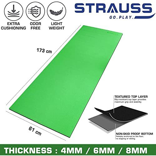 STRAUSS Yoga Mat with Carry Bag | Anti-Slip Exercise Mat for Women & Men | Home Gym Workout, Yoga, Pilates | Eco-friendly | Non-Slip Surface | Lightweight & Durable | 4mm (Green)